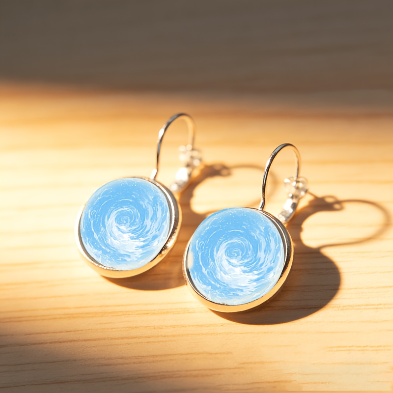 2pcs Set White French Ear Hook Earrings, Blue Water Ripple Design